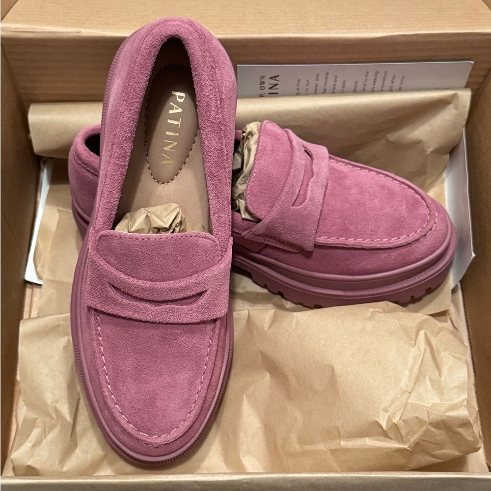 Portland Leather Patina Zoe Chunky Foxglove Pink Suede Loafers Size 6.5